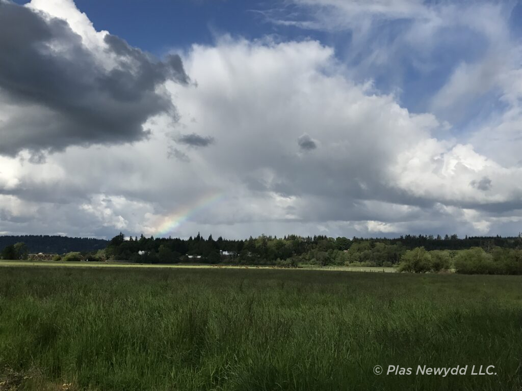 Photo of farm field, white clouds and a rainbow over barns