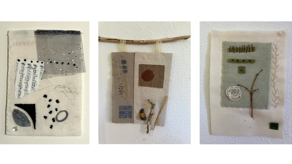 Photo of three different stitching / fiber art collages